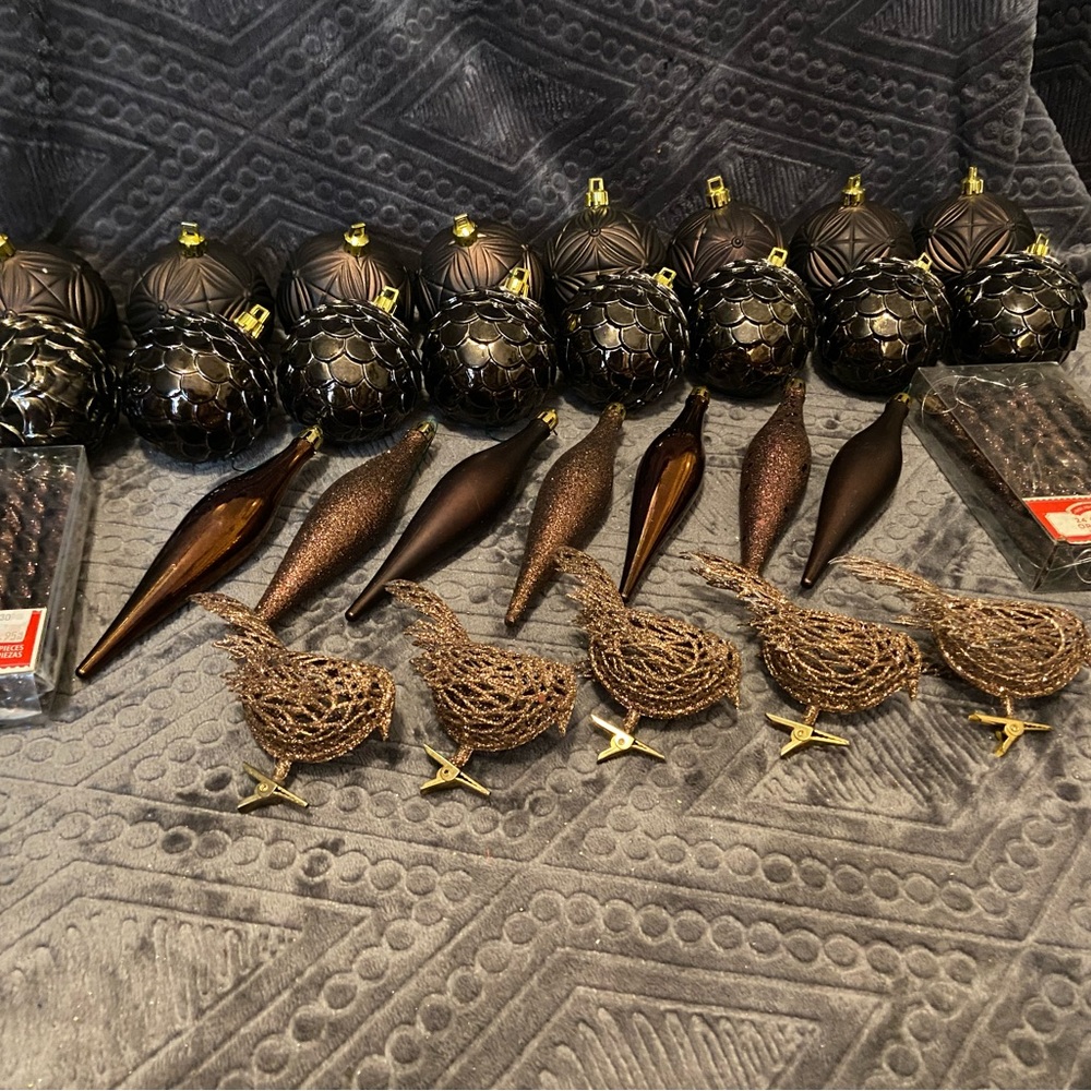 Elegant Brown Christmas Ornament Set. Lot of 28 plus 2 boxes icicle ornaments